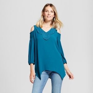 Crochet Yoke Smocked Cold-Shoulder Top - NWT